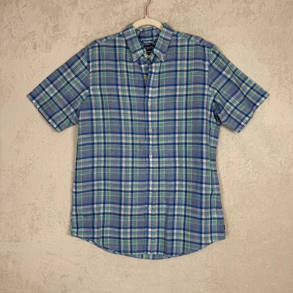 Chaps Mens Blue Green Plaid Linen Cotton Short Sleeve Button Down Shirt Size M